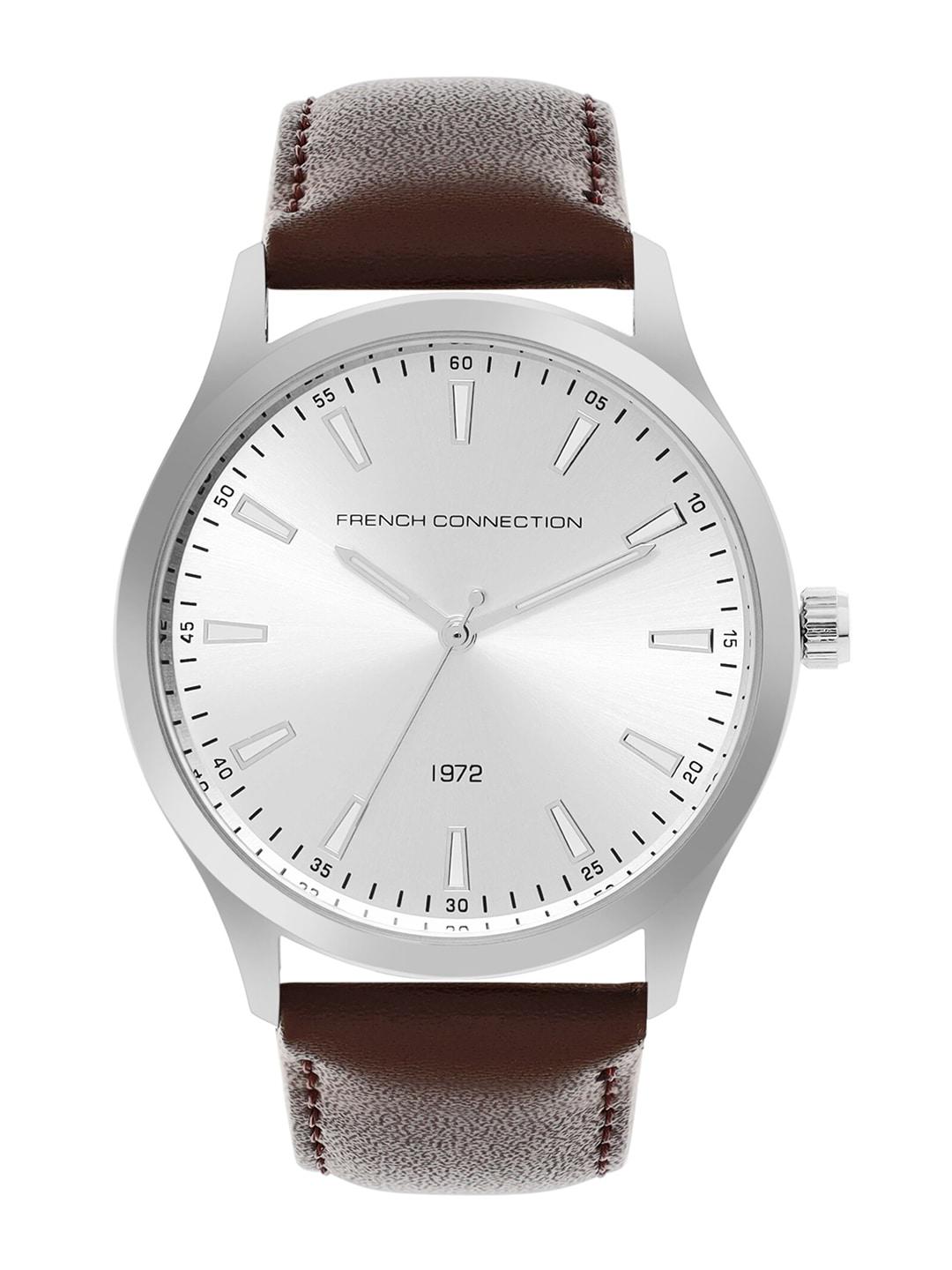 french connection men silver-toned dial & brown leather straps analogue watch