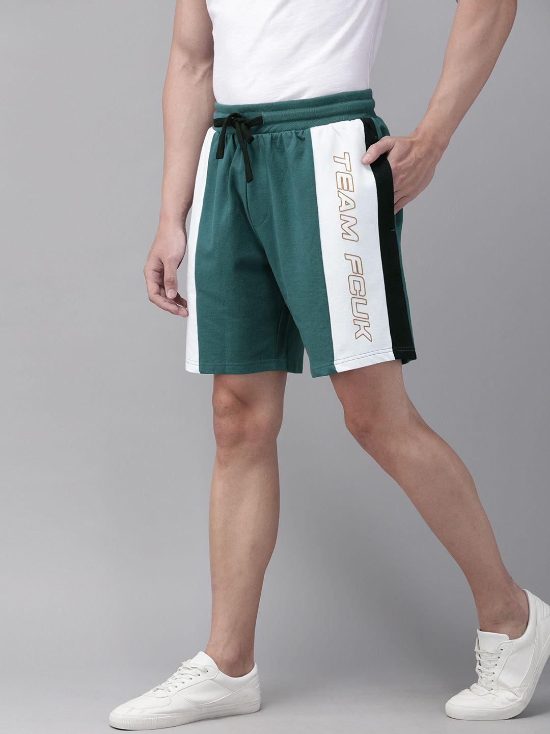 french-connection-men-teal-green-&-white-colourblocked-slim-fit-regular-shorts