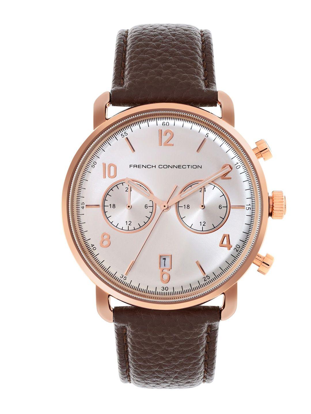 french connection men white dial & brown leather straps analogue watch