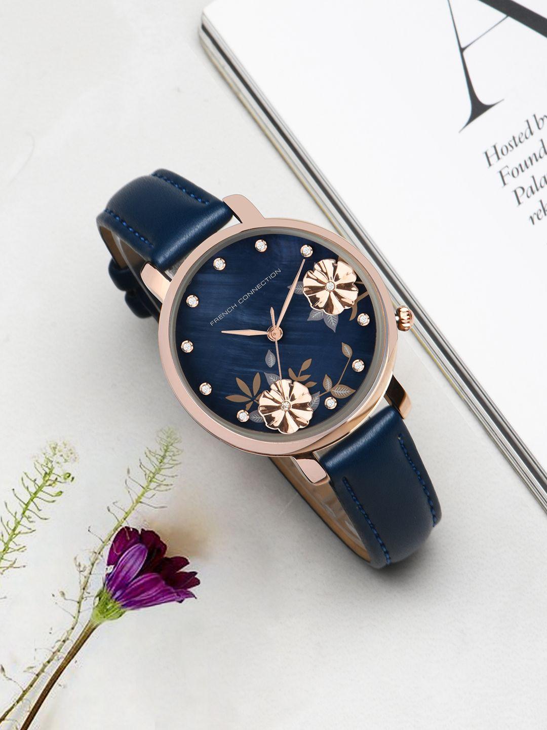 french connection women blue printed dial & blue leather straps analogue watch fc21u