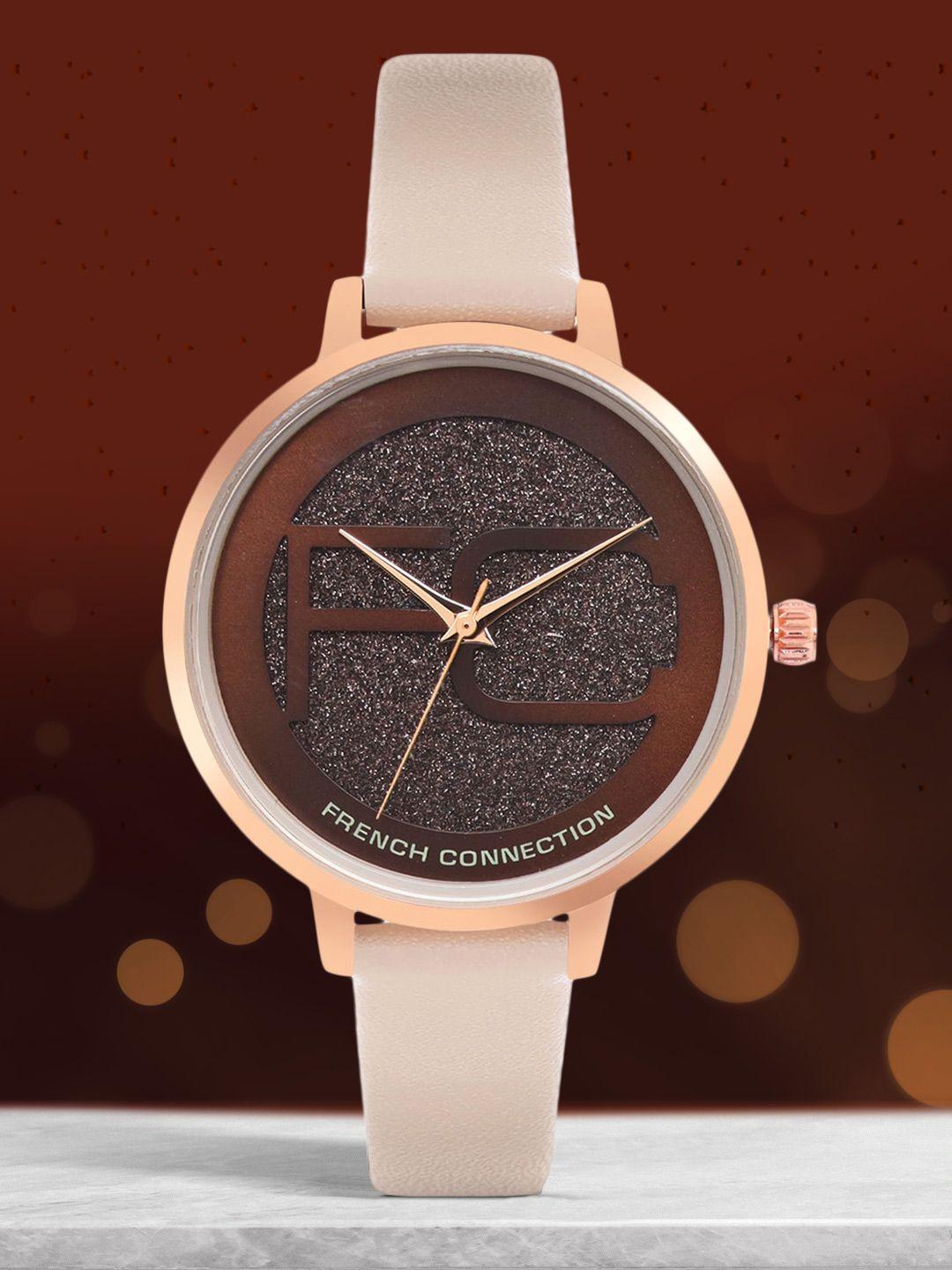 french connection women brown embellished dial & beige leather straps analogue watch