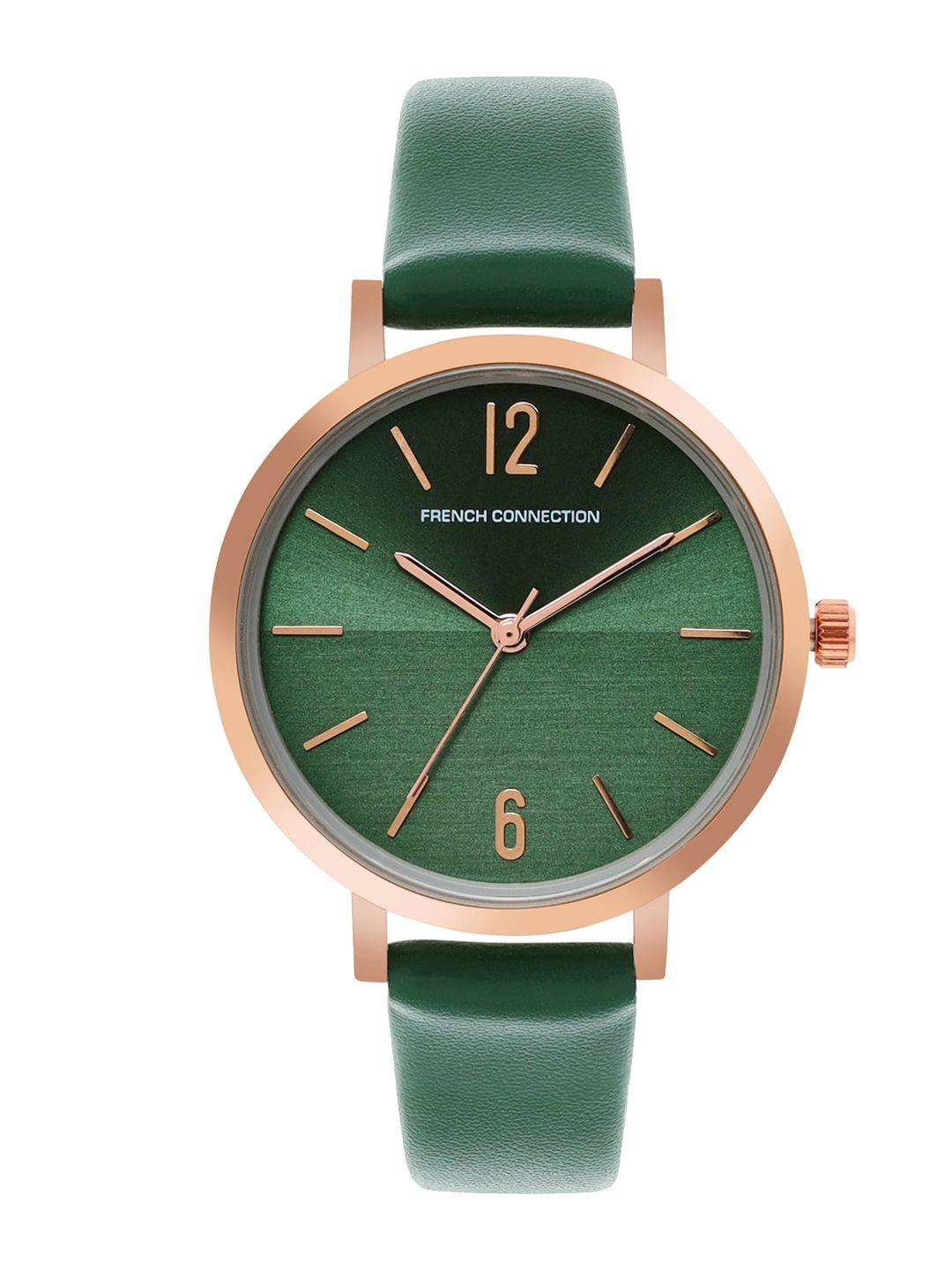 french connection women green dial & green leather straps analogue watch fc007f