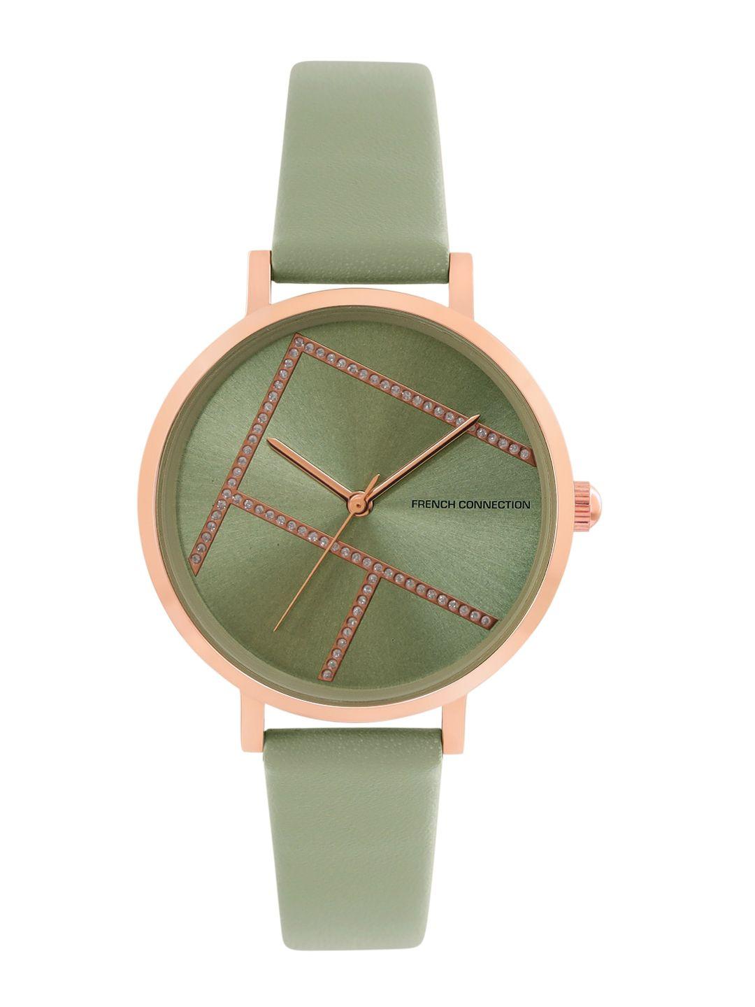 french connection women green leather straps analogue watch fcn00012b