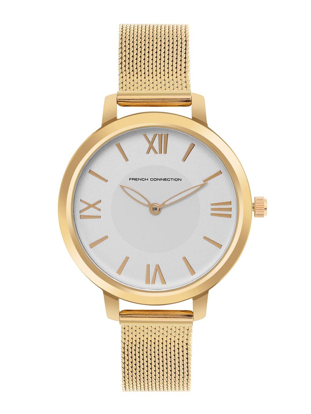 french connection women white mother of pearl dial & gold toned stainless steel bracelet style straps watch