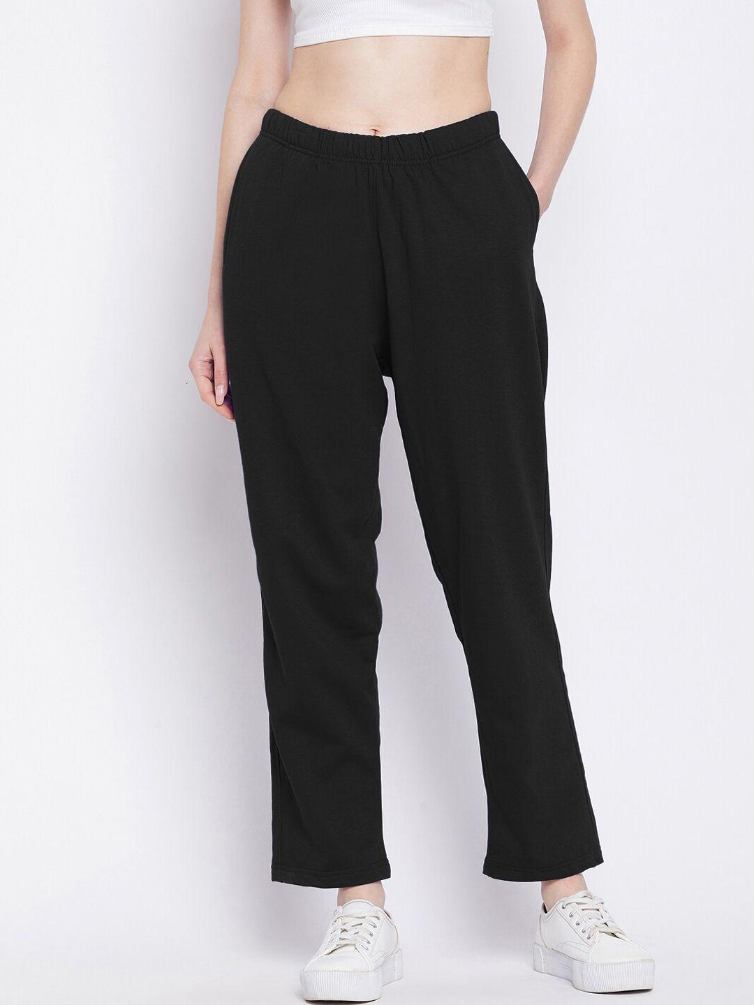 french flexious women black solid relaxed-fit track pants