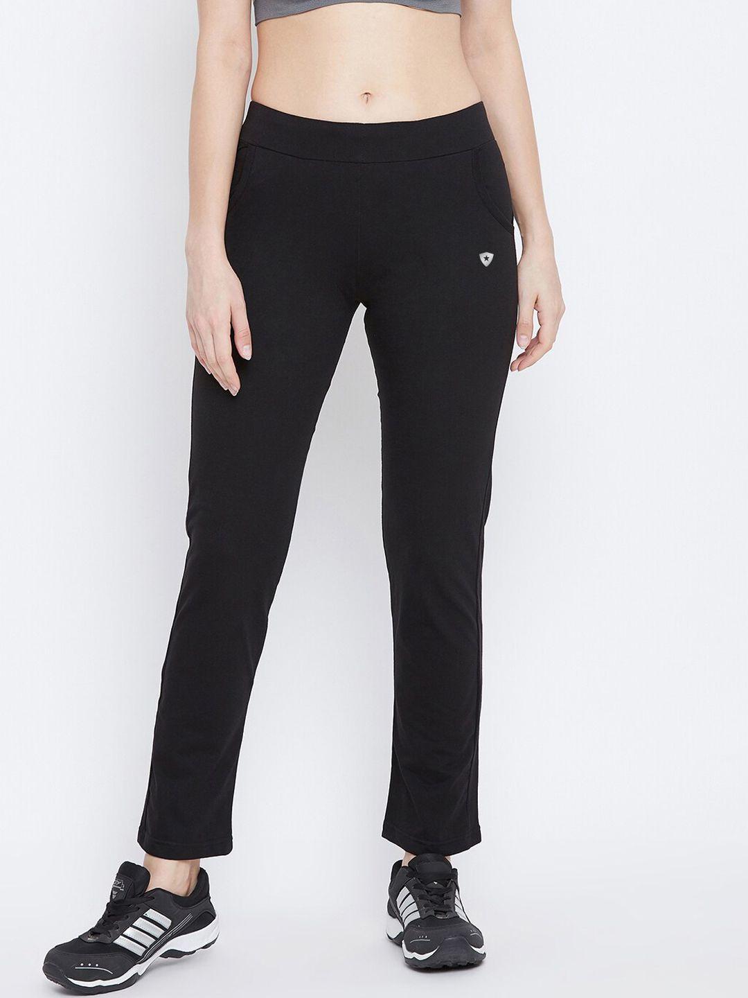 french flexious women black solid straight-fit track pants