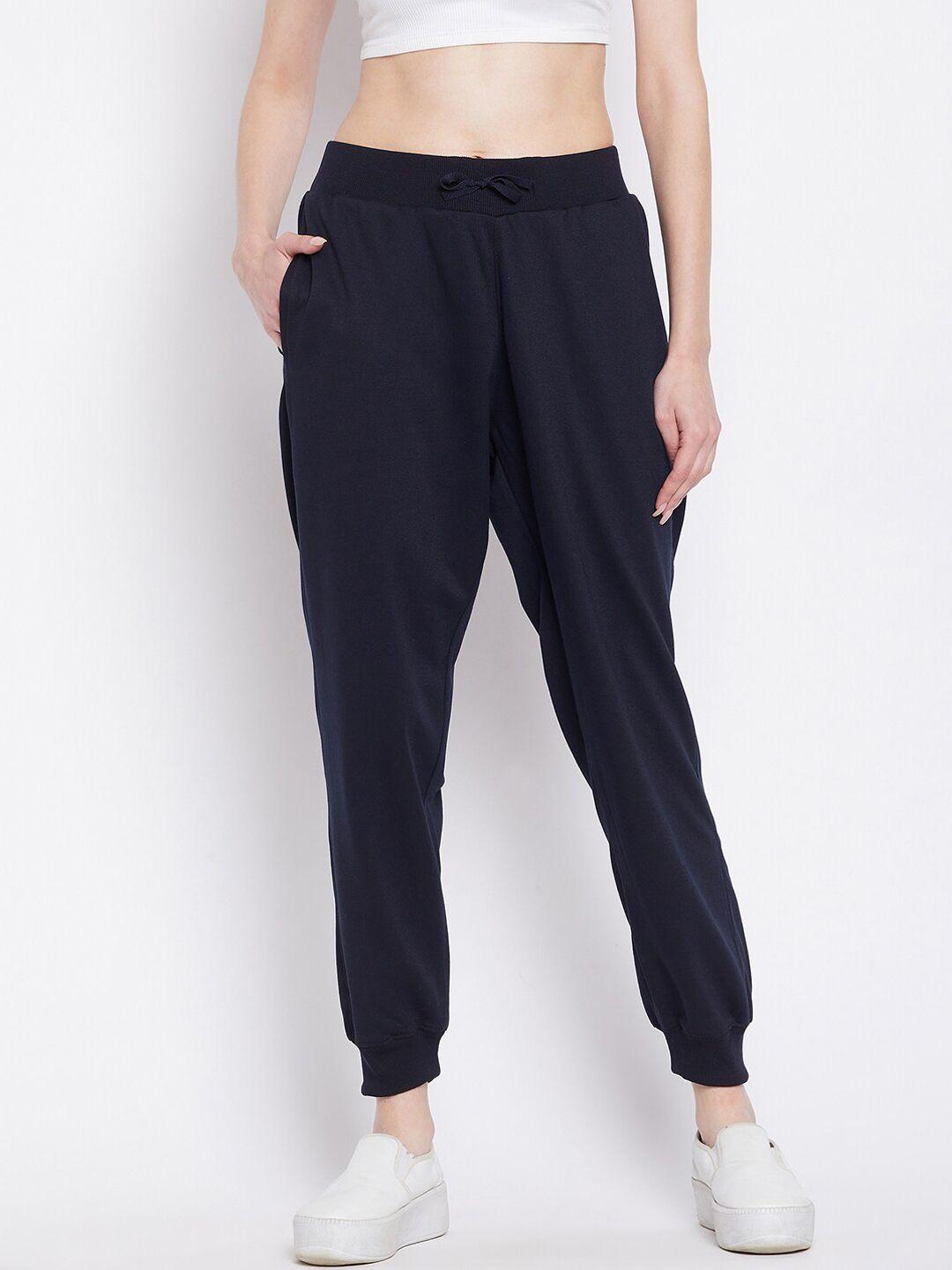 french flexious women navy blue solid relaxed fit joggers