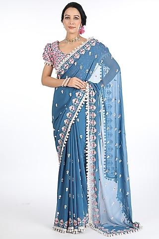 french blue embroidered saree set