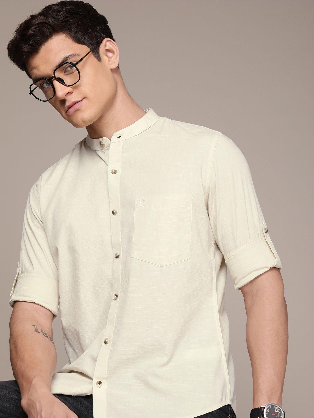 french connection band collar slim fit pure cotton casual shirt