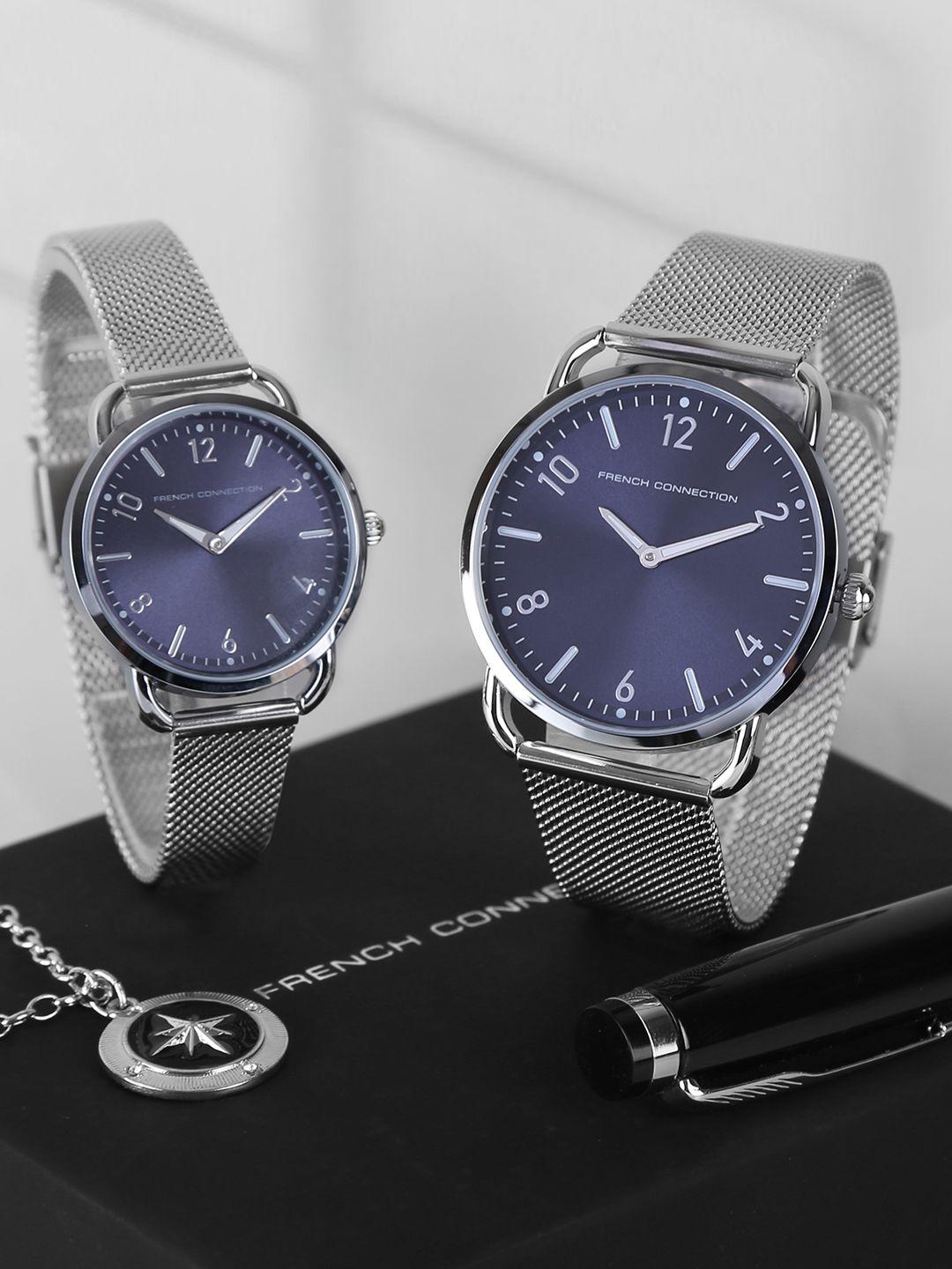 french connection blue dial & silver toned stainless couple watch