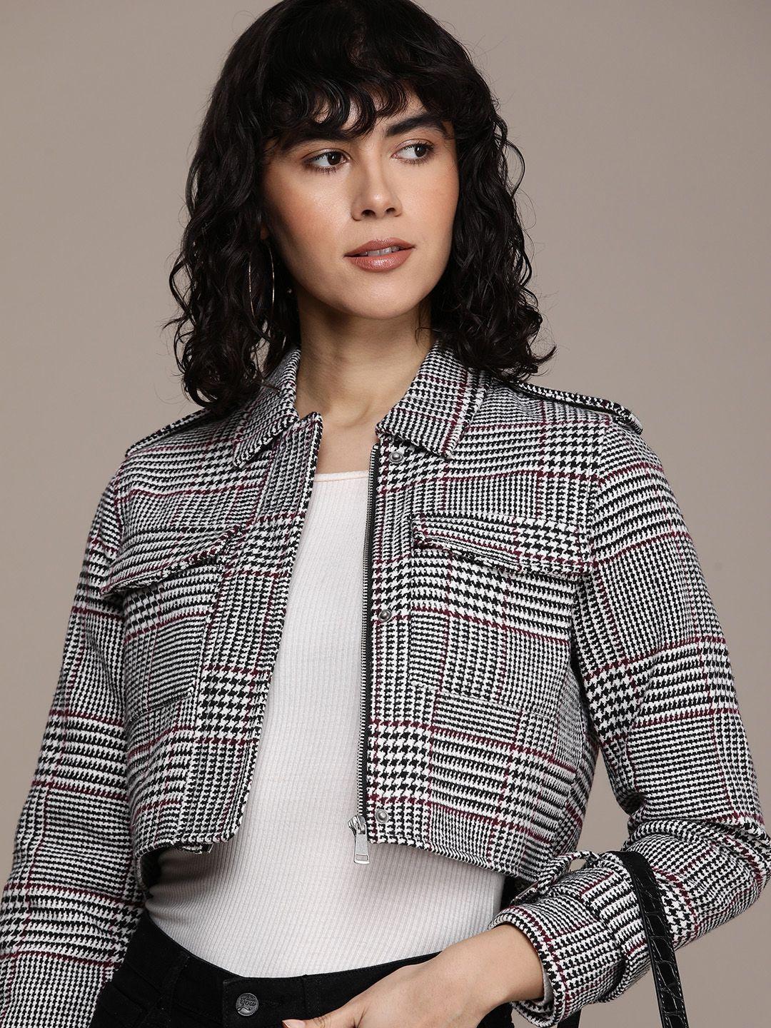 french connection checked crop tailored jacket