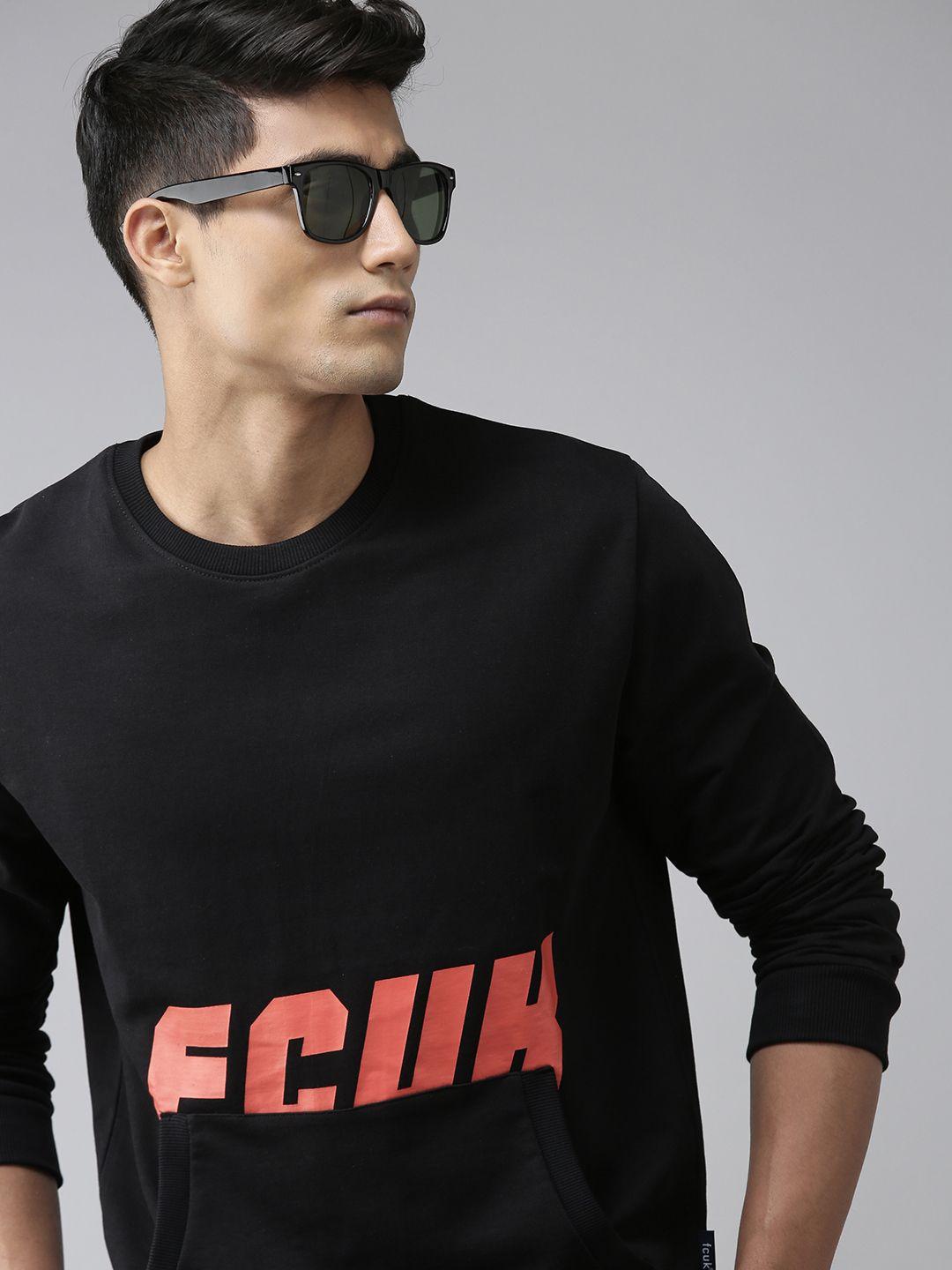 french connection men black logo printed cotton pullover sweatshirt