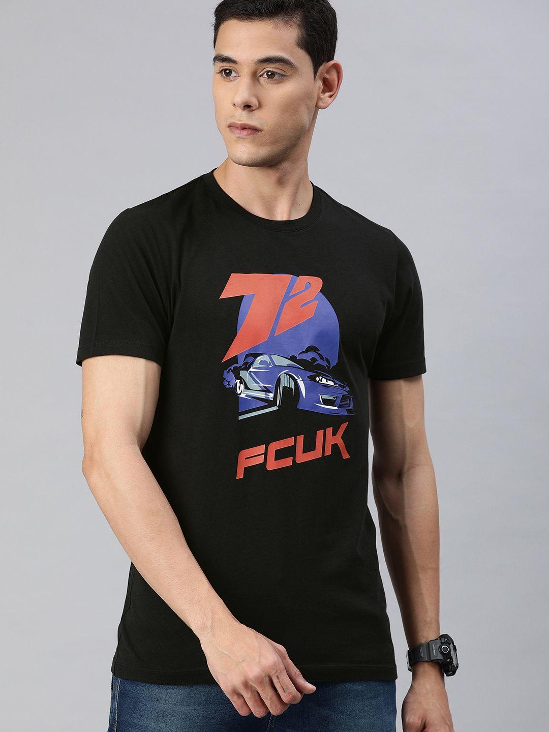 french connection men black printed round neck pure cotton t-shirt