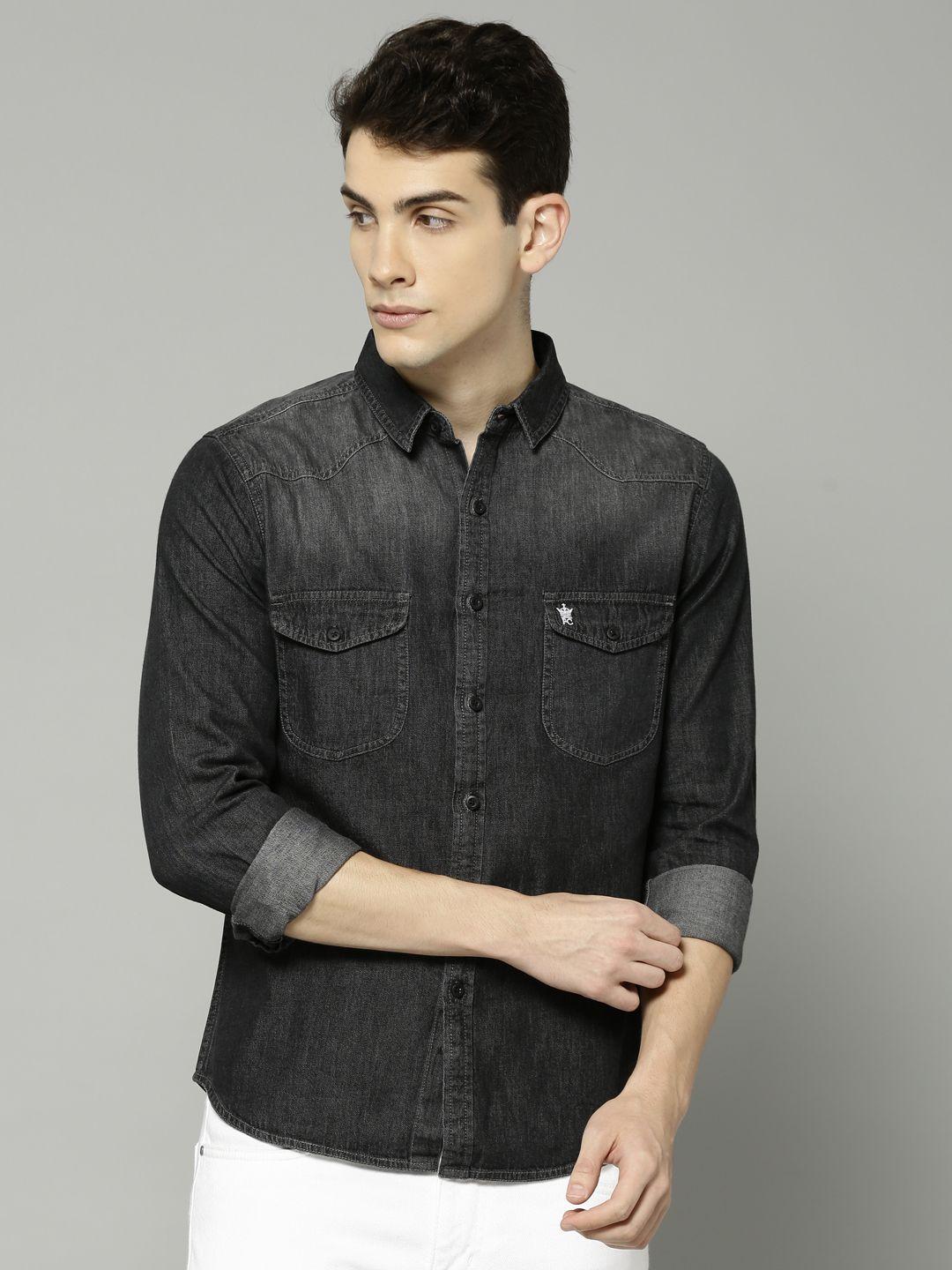 french connection men black regular fit solid casual chambray shirt