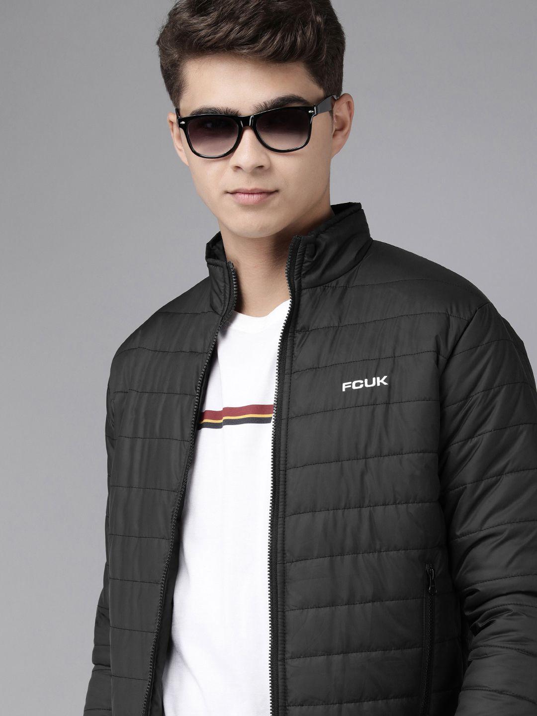 french connection men black solid quilted jacket