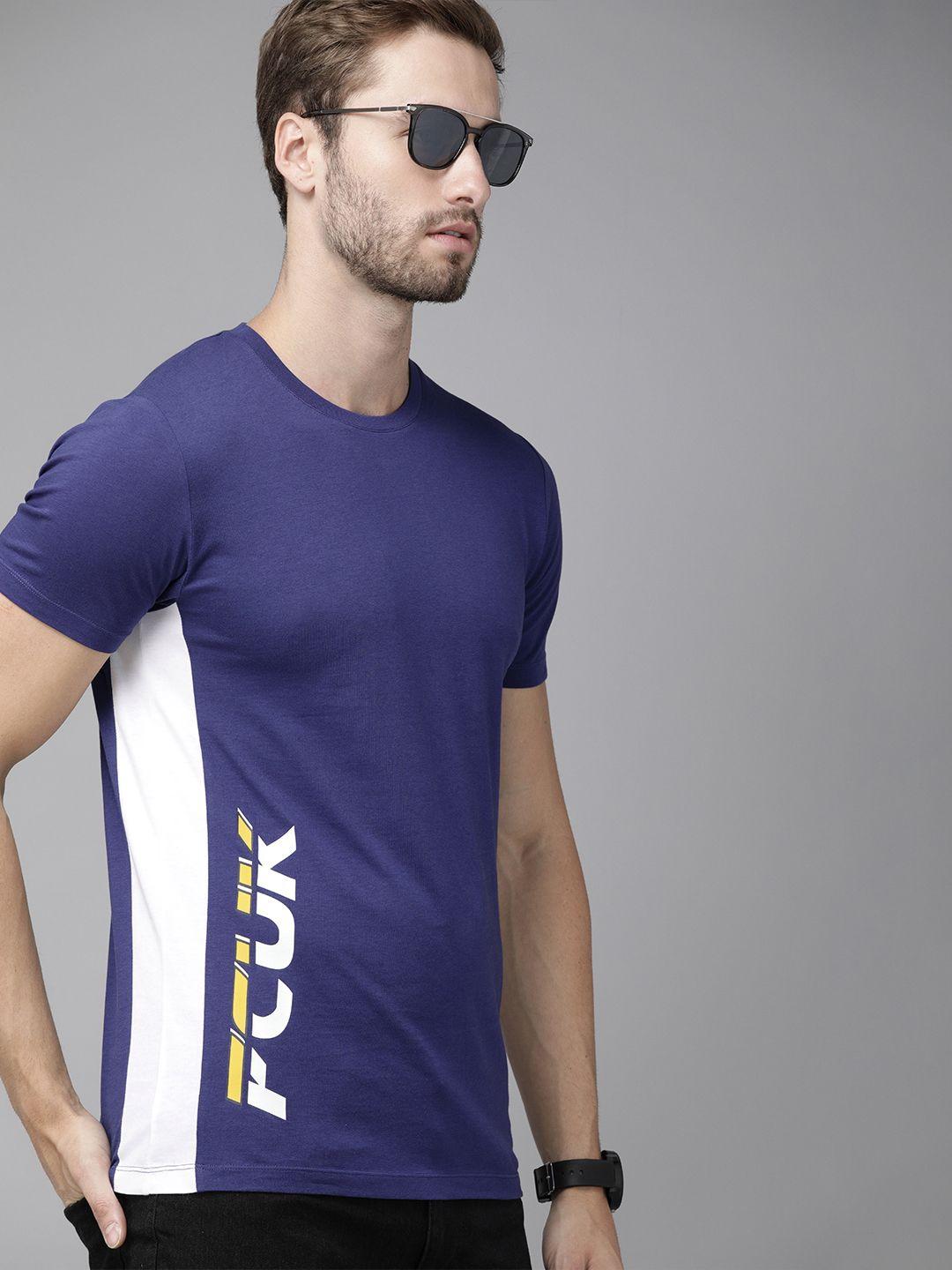 french connection men blue brand logo printed slim fit t-shirt with side stripes