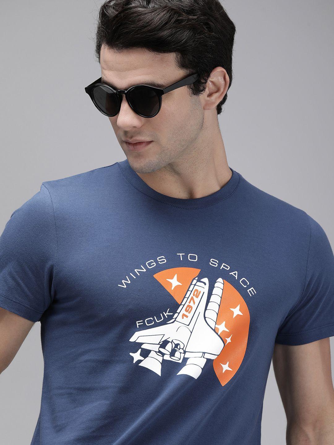 french connection men blue printed pure cotton t-shirt