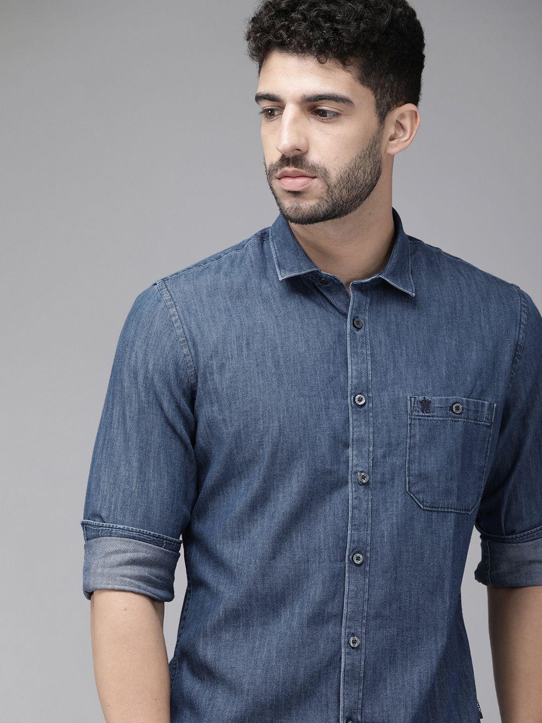 french connection men blue slim fit faded pure cotton lily denim shirt