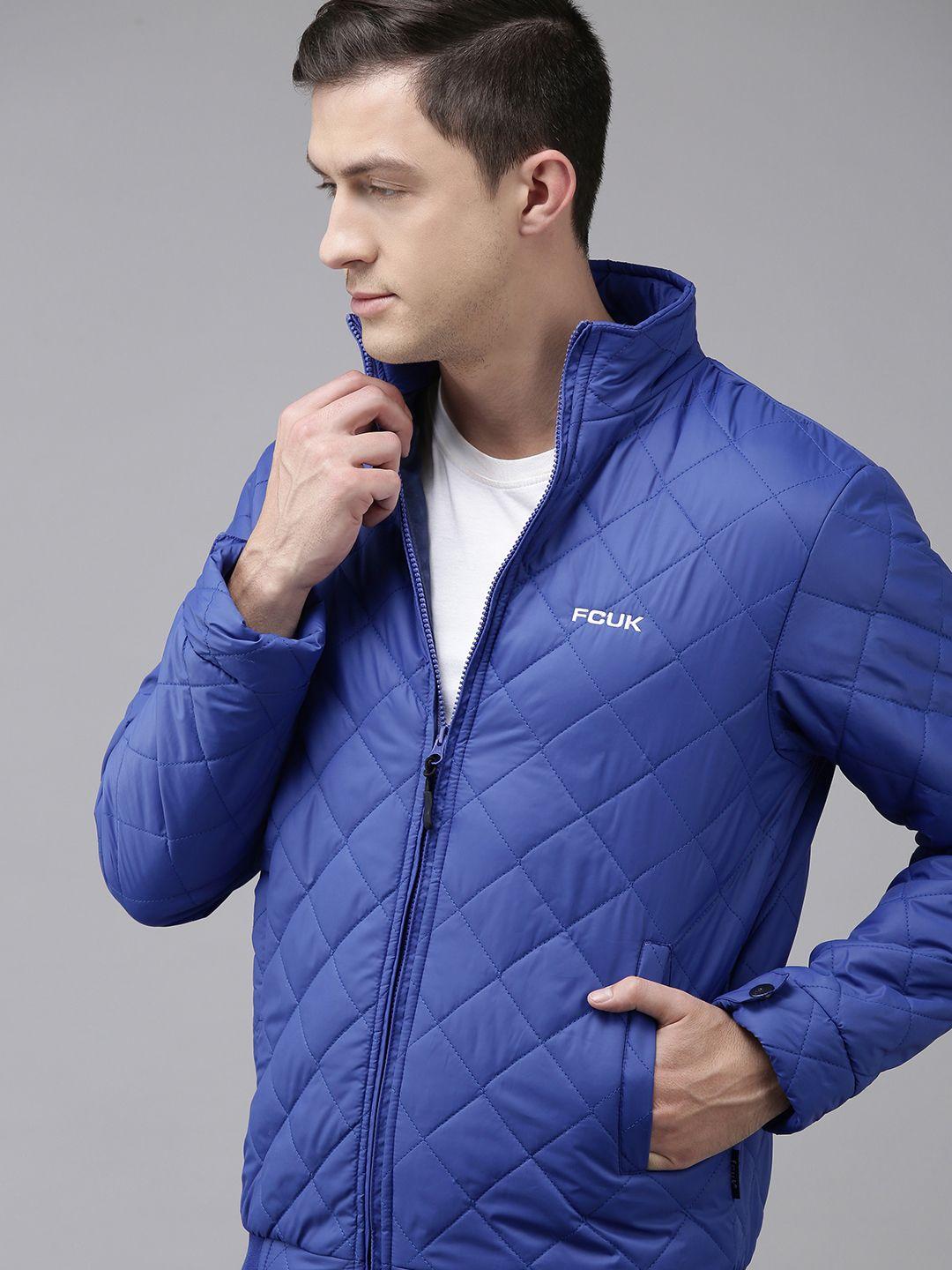 french connection men blue solid mock-collar entangle quilted jacket