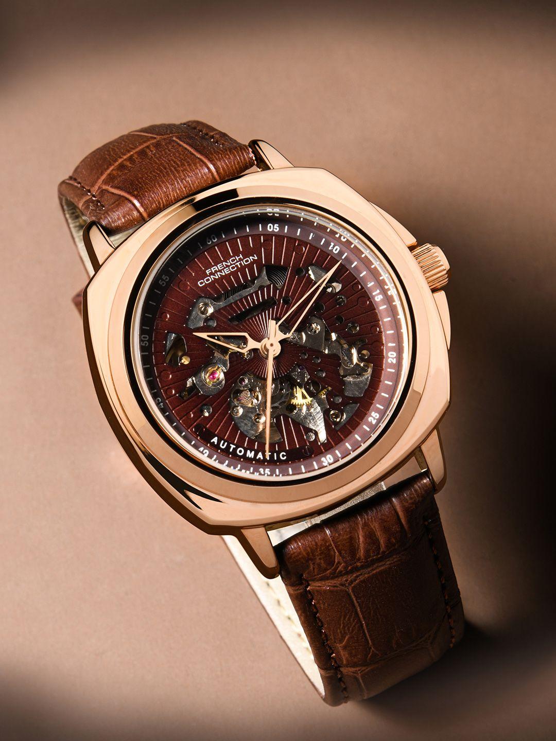 french connection men brown printed dial & brown leather straps analogue automatic motion powered watch