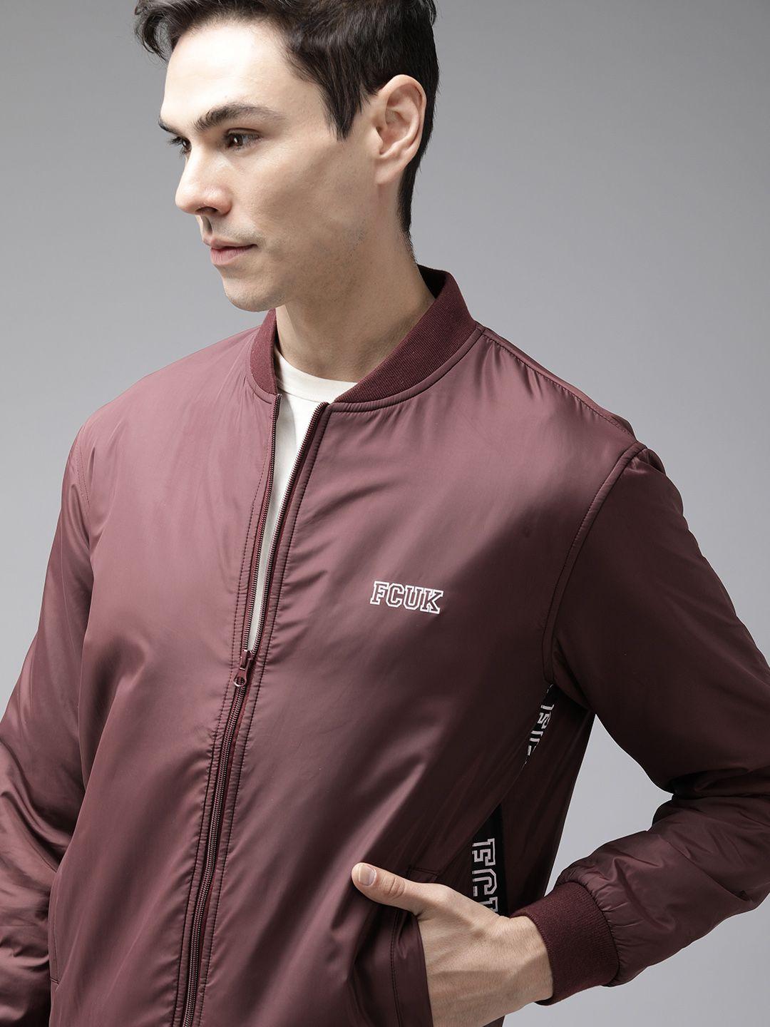 french connection men burgundy brand logo bomber jacket