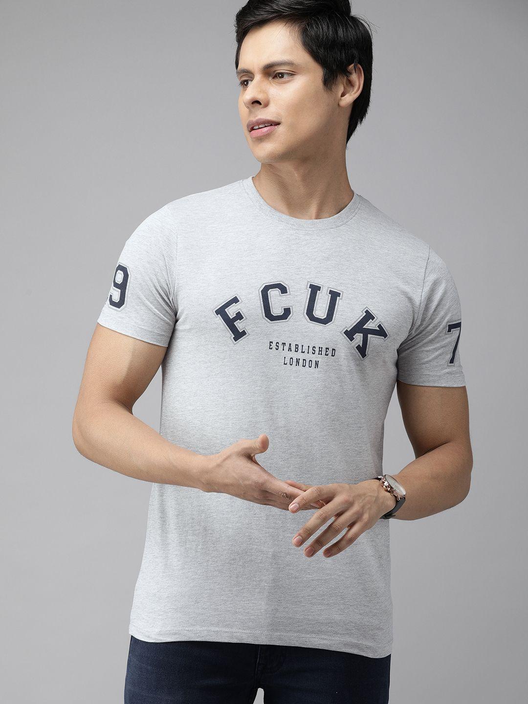 french connection men grey melange brand logo printed slim fit t-shirt