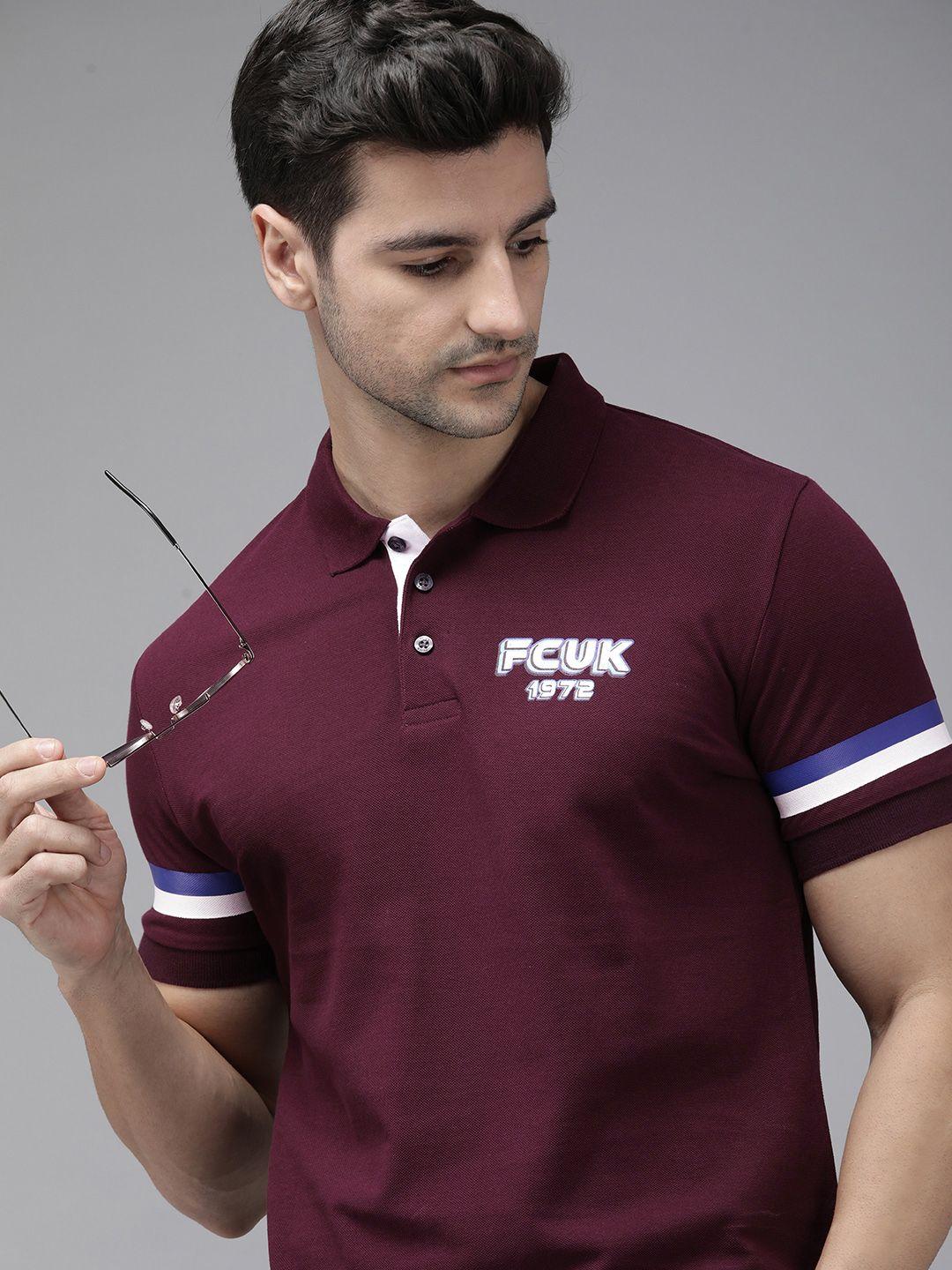 french connection men maroon & white printed polo collar t-shirt