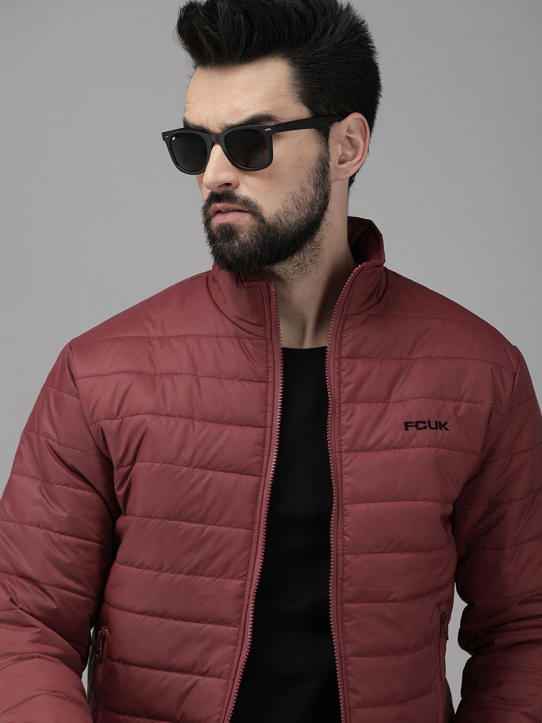 french connection men maroon padded jacket with brand logo embroidered detail