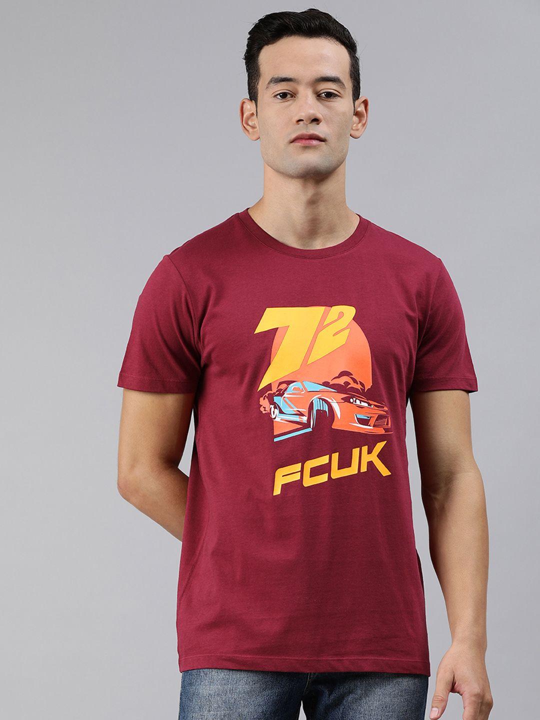 french connection men maroon printed round neck pure cotton t-shirt