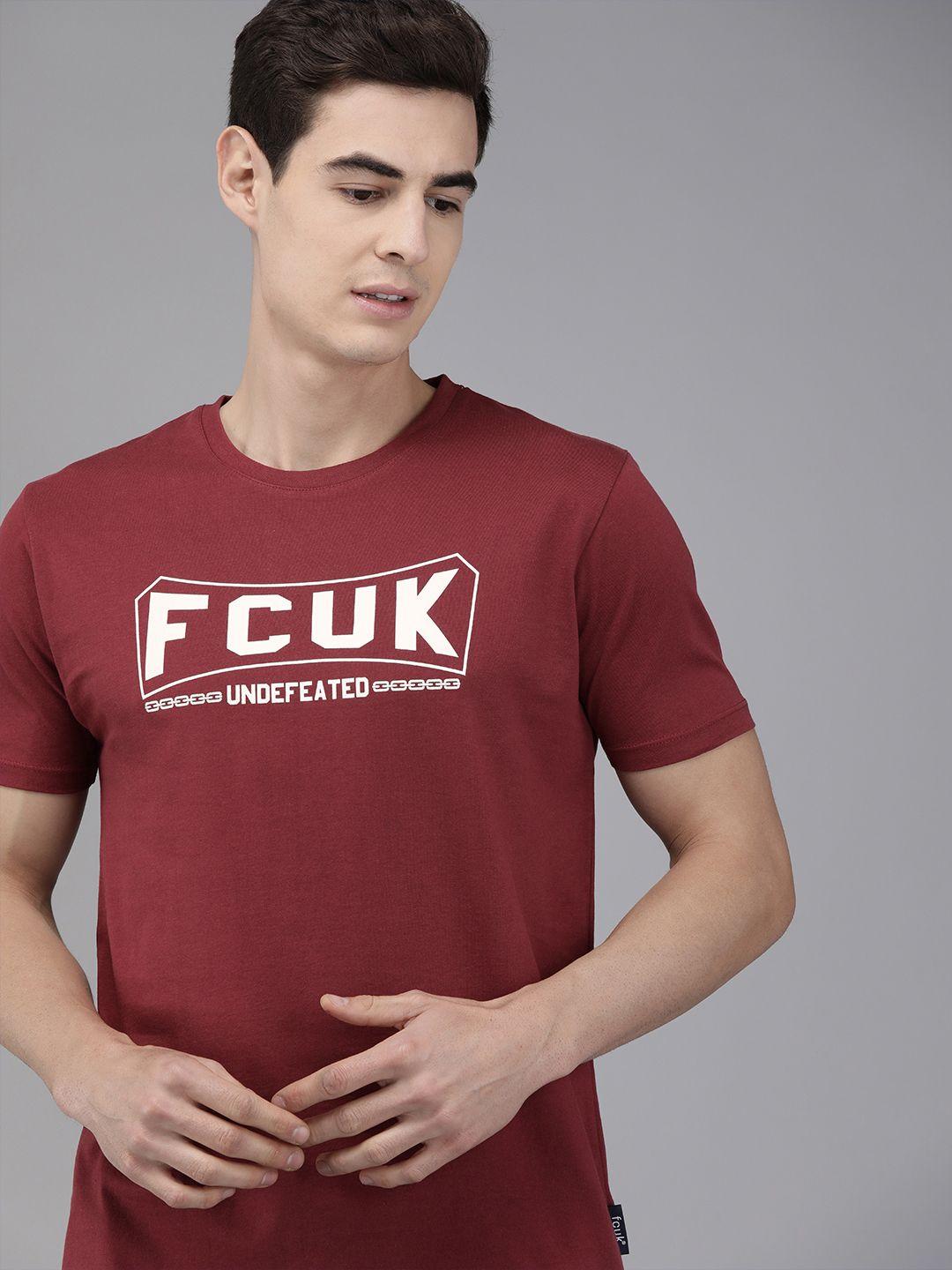 french connection men maroon printed round neck pure cotton t-shirt