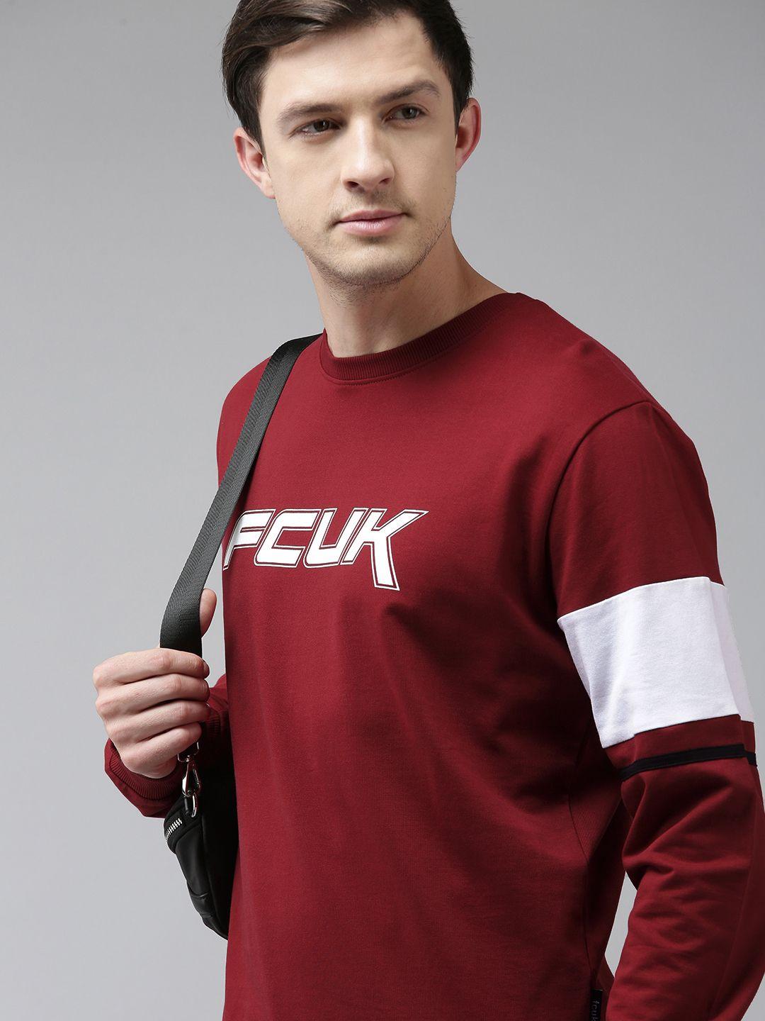 french connection men maroon printed sweatshirt