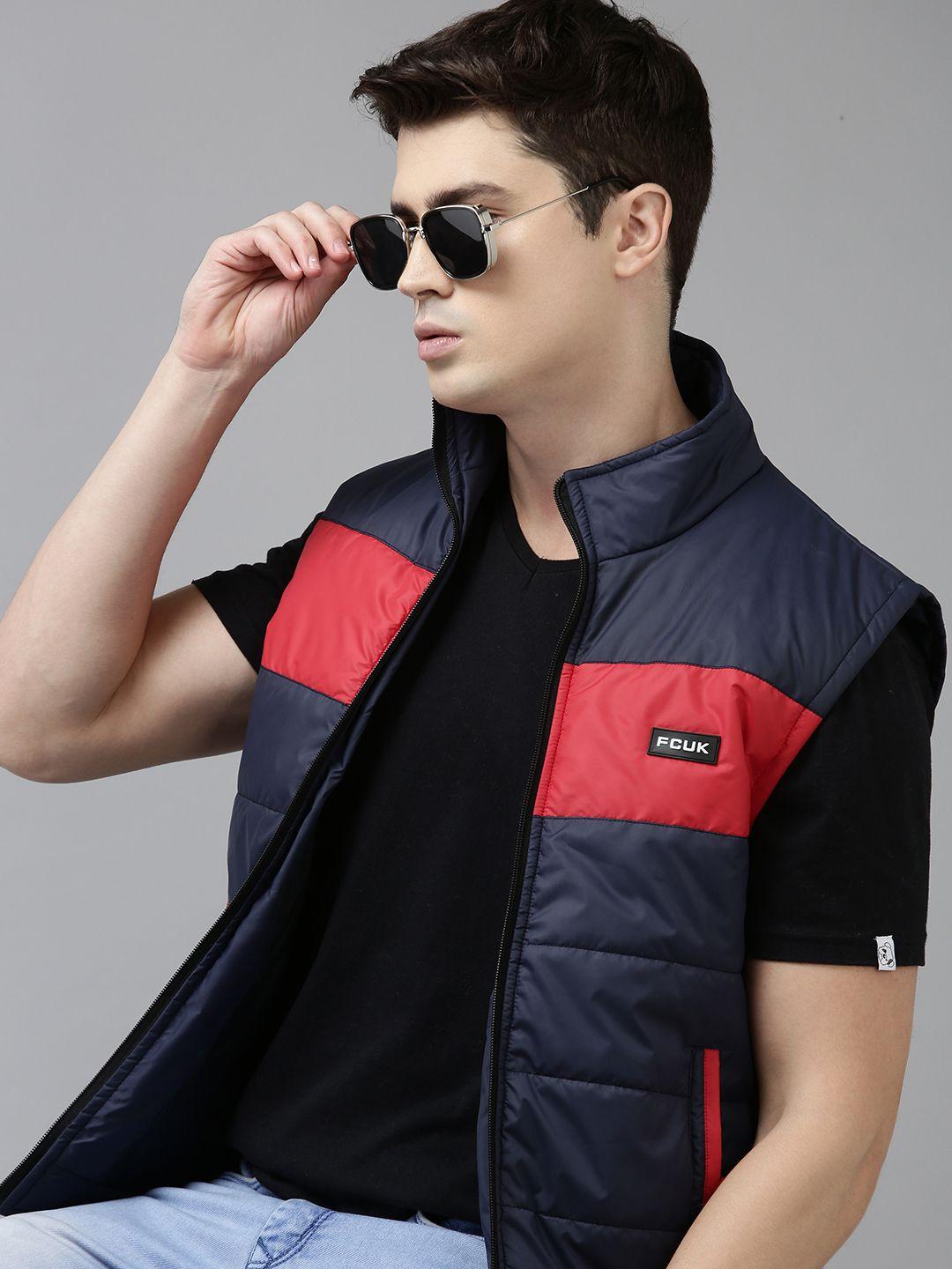 french connection men navy blue & red colourblocked gilet puffer jacket