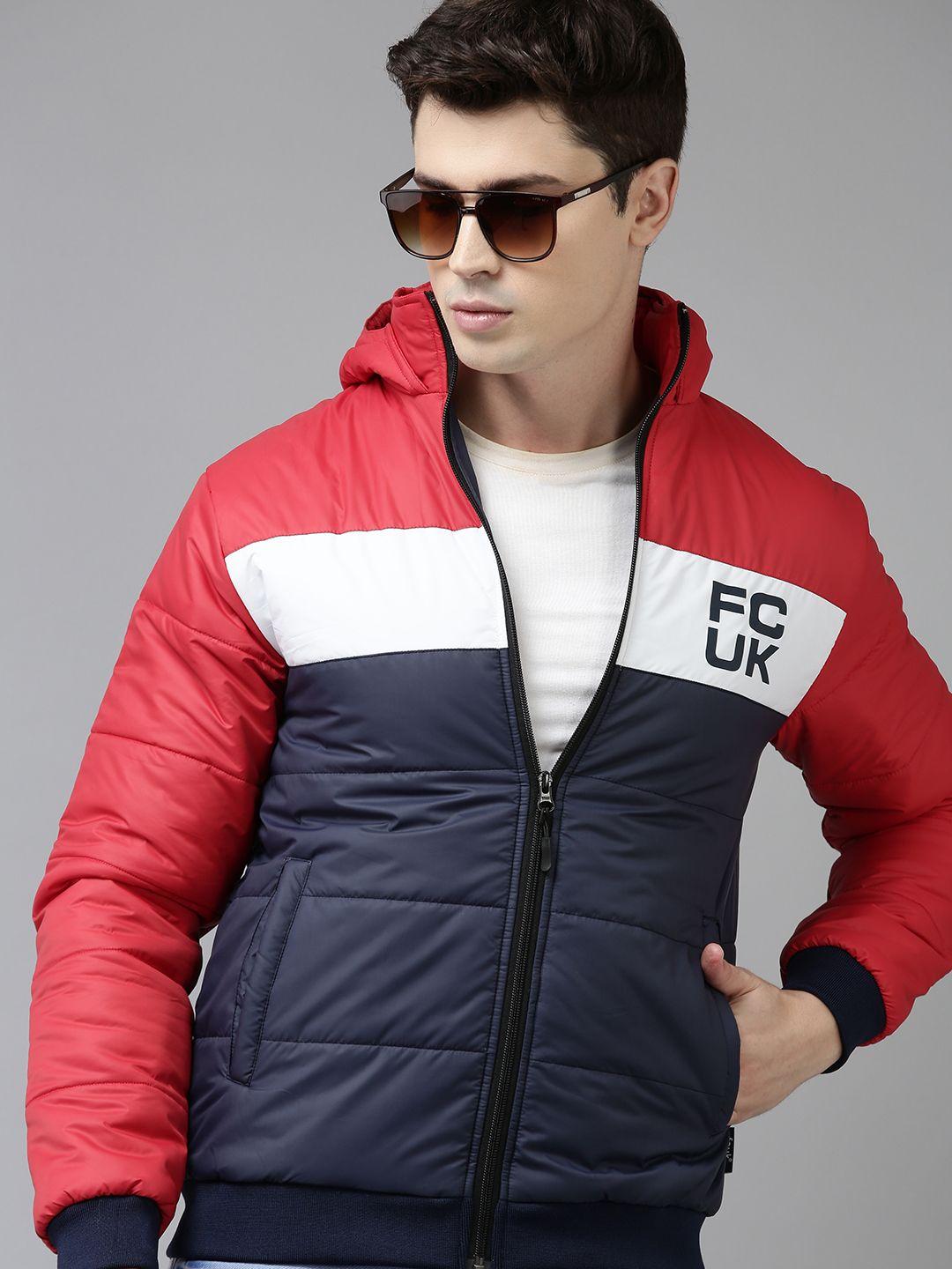 french connection men navy blue & red colourblocked puffer jacket