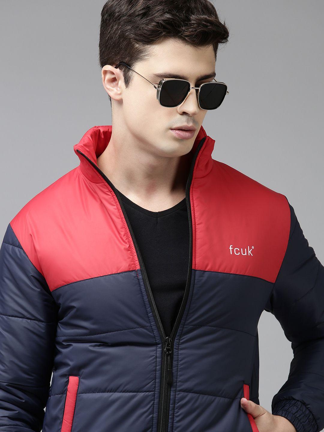 french connection men navy blue & red colourblocked puffer jacket