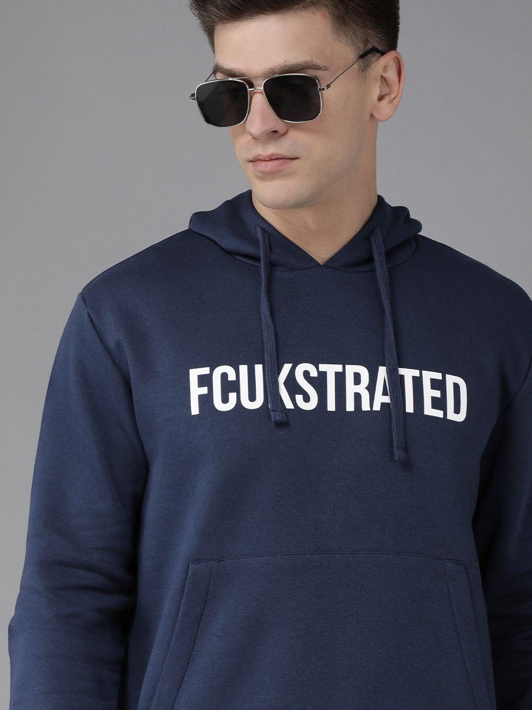 french connection men navy blue brand logo printed hooded sweatshirt