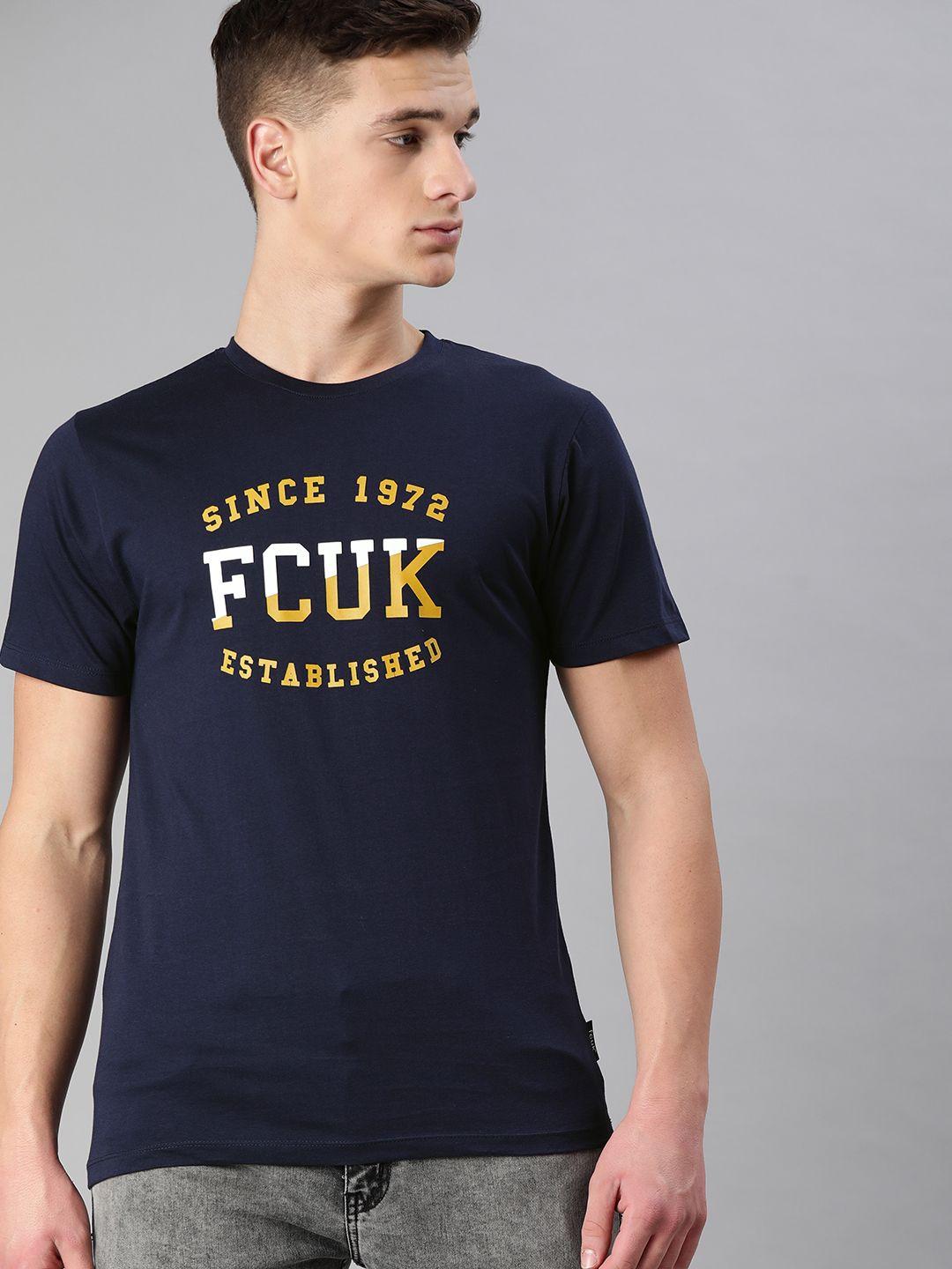 french connection men navy blue printed round neck pure cotton t-shirt