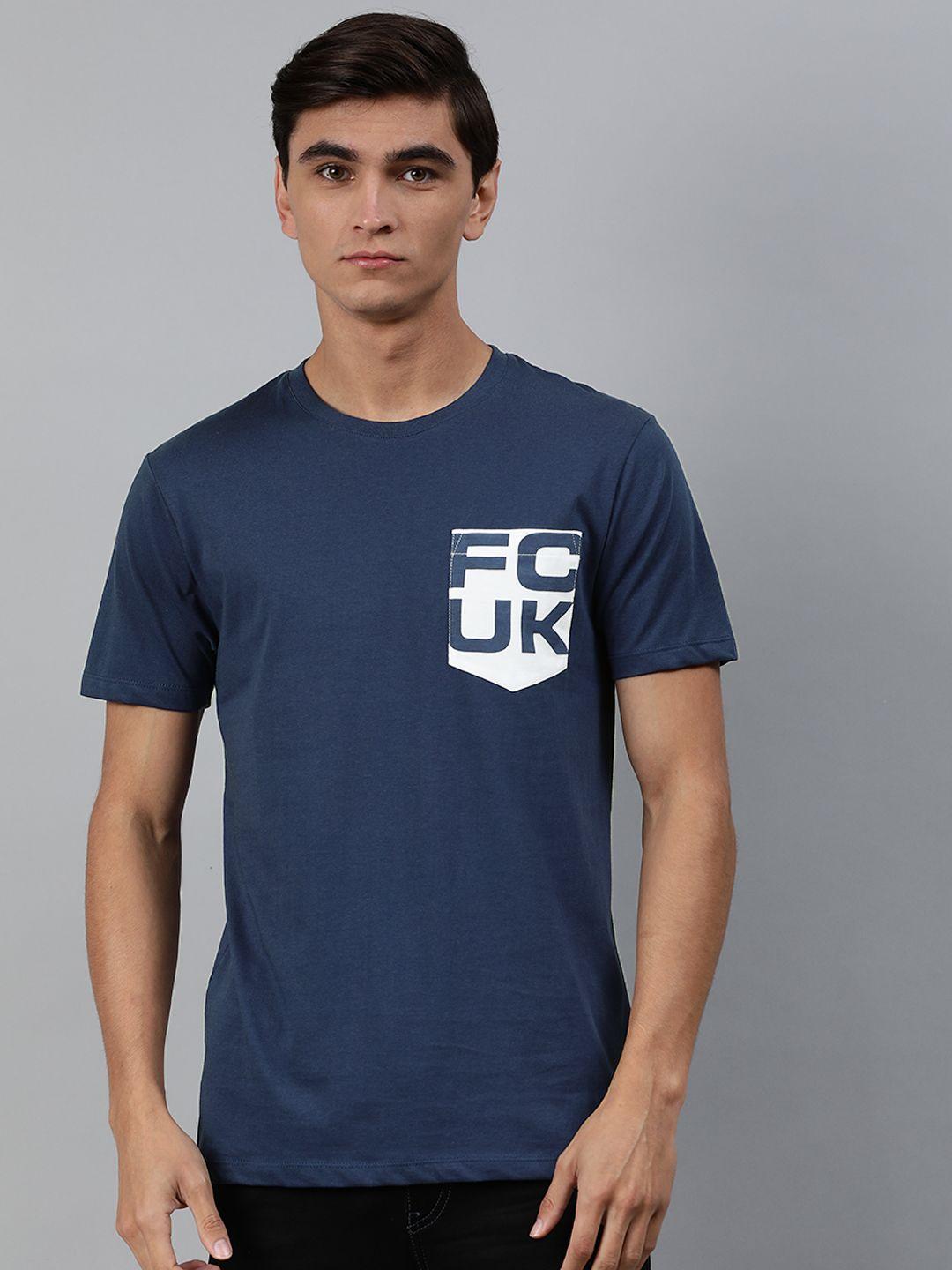 french connection men navy blue printed round neck pure cotton t-shirt