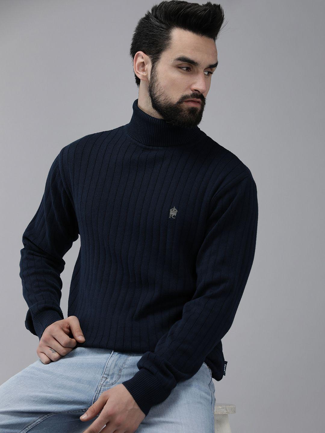 french connection men navy blue pure cotton ribbed pullover sweater