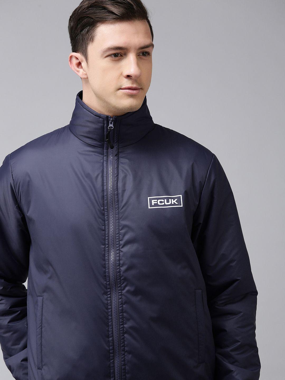 french connection men navy blue solid bomber jacket