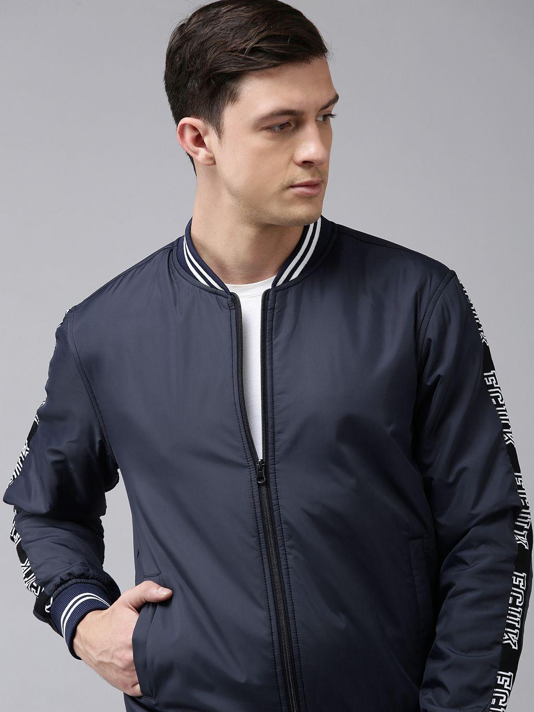 french connection men navy blue solid varsity jacket
