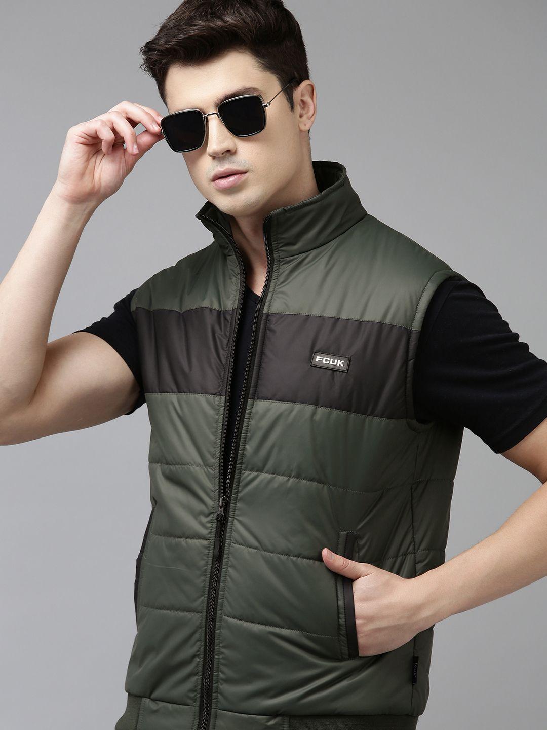 french connection men olive green black colourblocked gilet puffer jacket