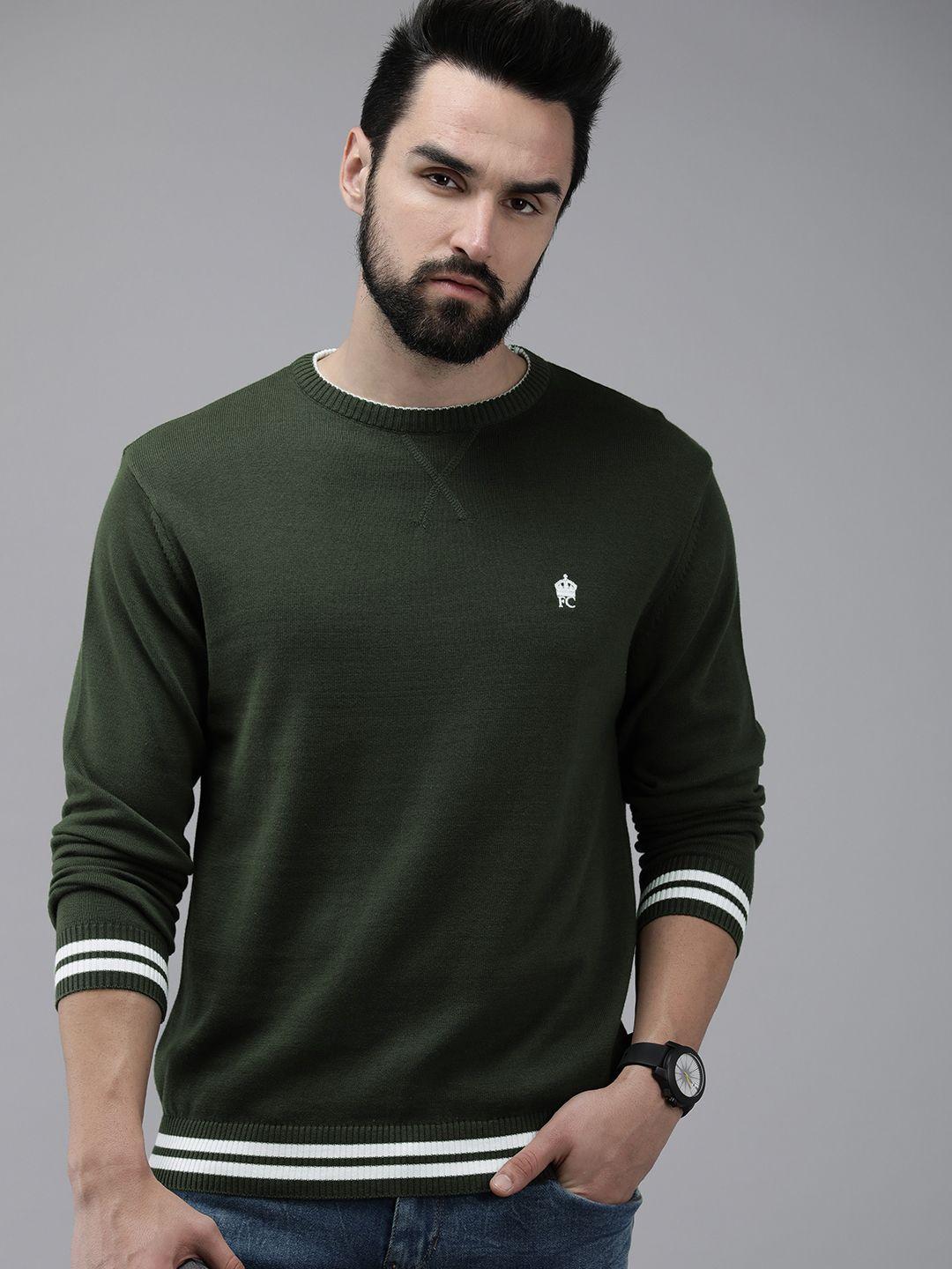 french connection men olive green pure cotton solid pullover sweater