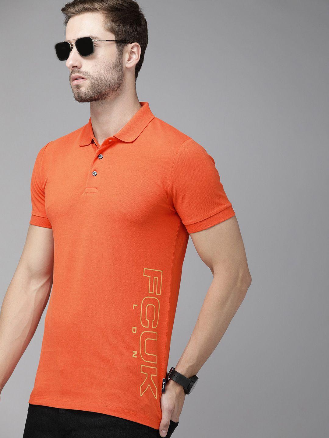 french connection men orange brand logo printed polo collar slim fit t-shirt