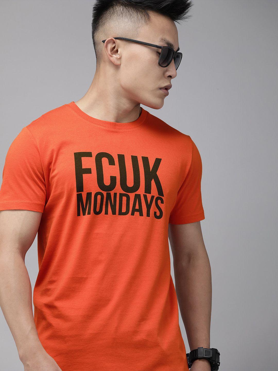 french connection men orange typography printed slim fit t-shirt
