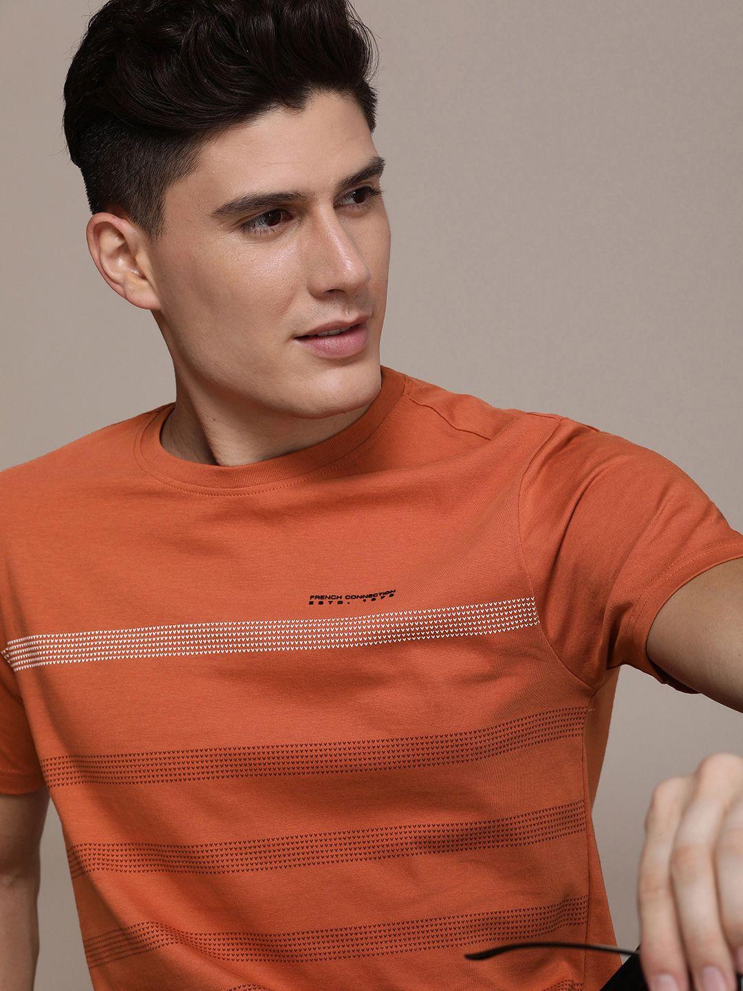 french connection men pure cotton striped round neck t-shirt