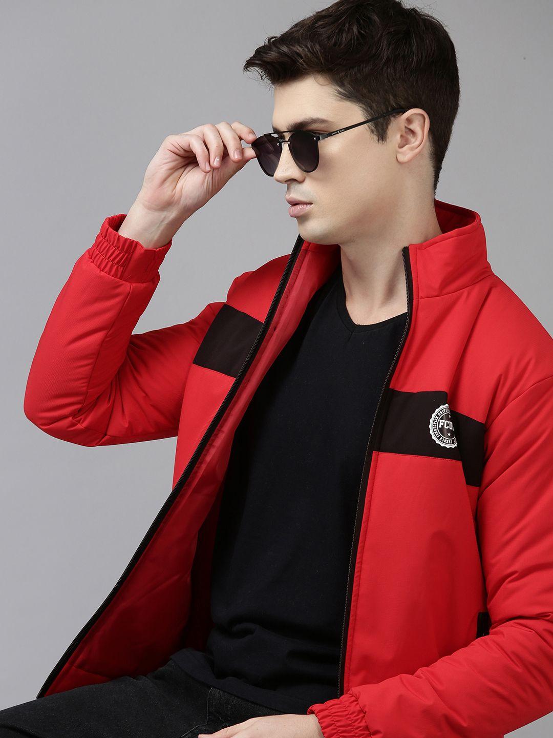 french connection men red & black colourblocked puffer jacket