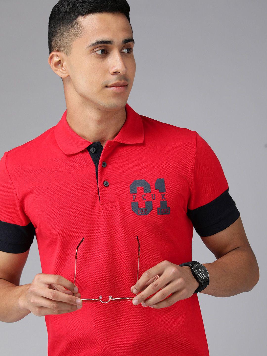 french connection men red & black polo collar slim fit casual t-shirt