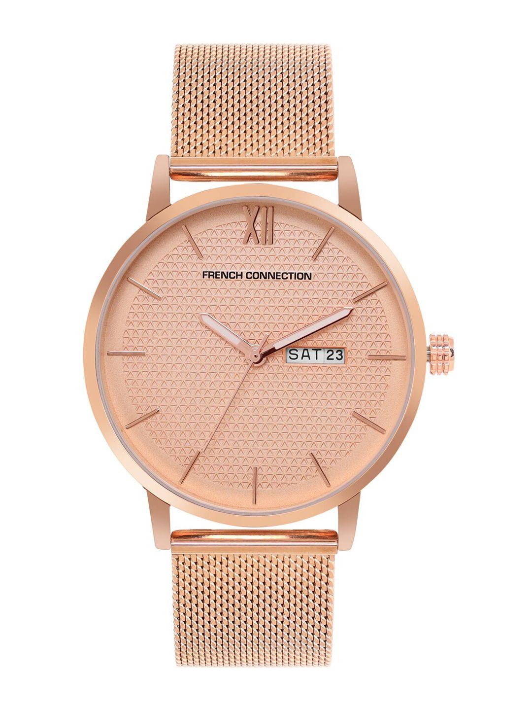 french connection men rose gold-toned dial stainless steel bracelet analogue watch