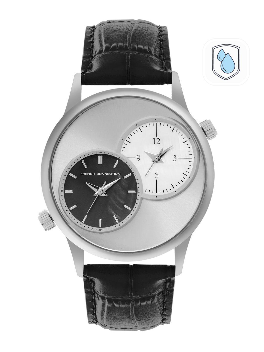 french connection men silver-toned dial & black leather straps analogue watch fcn00023a