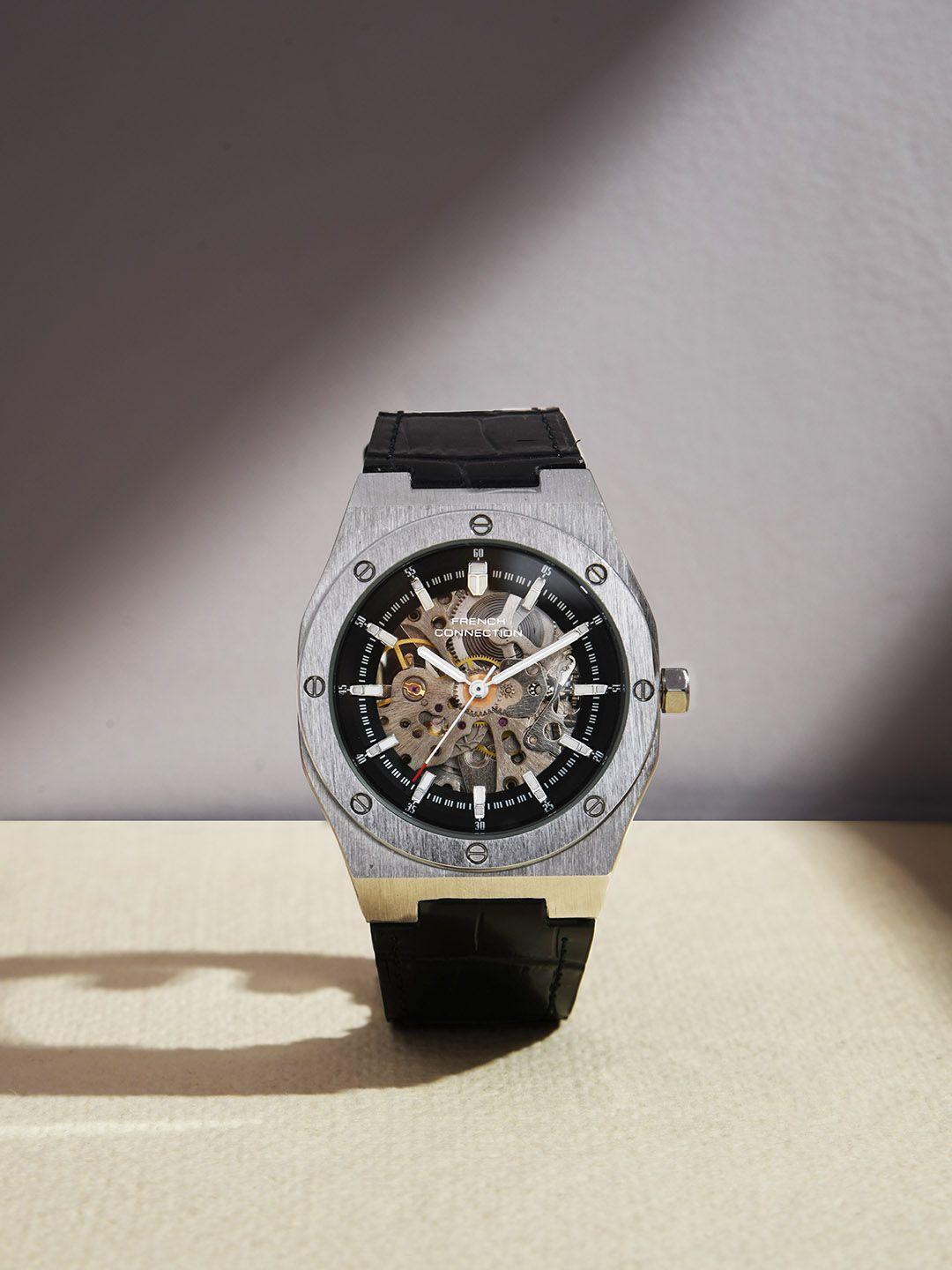 french connection men skeleton dial & leather textured straps automatic watch fca02-9